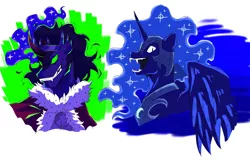 Size: 1280x818 | Tagged: safe, artist:ghost-wants-murder, derpibooru import, king sombra, nightmare moon, alicorn, pony, umbrum, unicorn, armor, bust, cape, clothes, crown, fangs, female, image, jewelry, looking at you, male, mare, png, regalia, simple background, stallion, white background