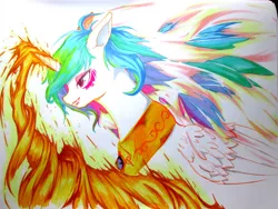 Size: 1280x960 | Tagged: safe, artist:aerolp, derpibooru import, princess celestia, alicorn, pony, alternate hairstyle, armor, female, fire, image, jpeg, mare, missing accessory, solo, traditional art