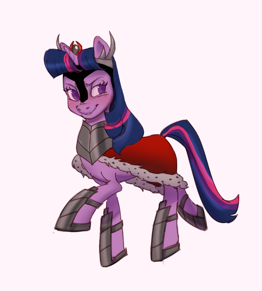 Size: 748x831 | Tagged: safe, artist:gloomy-doom, derpibooru import, twilight sparkle, pony, unicorn, accessory swap, armor, blushing, cape, clothes, corrupted twilight sparkle, crown, evil twilight, female, image, jewelry, mare, png, regalia, simple background, solo, sombra's cape, unicorn twilight, white background