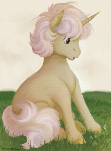 Size: 564x768 | Tagged: safe, artist:pigeorgien, derpibooru import, oc, oc:trefoil clover, unofficial characters only, pony, unicorn, clover, female, filly, grass, grass field, image, png, sitting, solo, unshorn fetlocks, younger