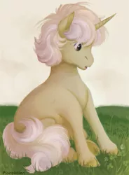 Size: 564x768 | Tagged: safe, artist:pigeorgien, derpibooru import, oc, oc:trefoil clover, unofficial characters only, pony, unicorn, clover, female, filly, grass, grass field, image, png, sitting, solo, unshorn fetlocks, younger
