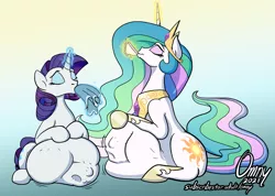 Size: 1000x713 | Tagged: suggestive, artist:omny87, derpibooru import, princess celestia, rarity, alicorn, human, pony, unicorn, belly, drinking, female, females only, food, human prey, image, mare, png, ponies eating humans, princess vorestia, raripred, tea, vore