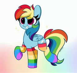 Size: 4096x3890 | Tagged: safe, artist:kittyrosie, derpibooru import, rainbow dash, pegasus, pony, blushing, clothes, cute, dashabetes, gradient background, image, jpeg, rainbow socks, socks, striped socks