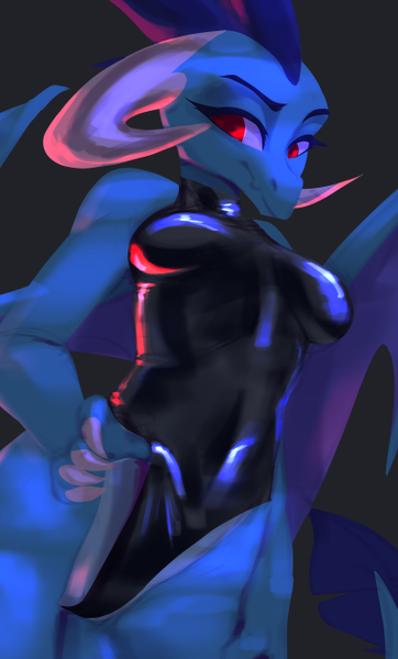 Size: 398x660 | Tagged: suggestive, artist:vincher, derpibooru import, princess ember, anthro, dragon, breasts, clothes, female, horns, image, latex, latex suit, leotard, png, wings