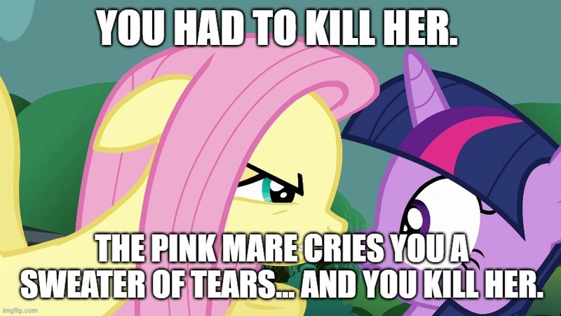 Size: 888x499 | Tagged: safe, derpibooru import, edit, edited screencap, screencap, fluttershy, twilight sparkle, magic duel, season 3, caption, dying for pie, floppy ears, glare, image, image macro, imgflip, implied crying, implied pinkie pie, jpeg, meme, spongebob squarepants, text, tranquil fury