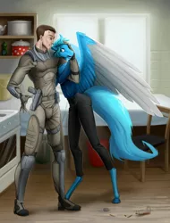 Size: 1680x2210 | Tagged: safe, artist:darkcat613, derpibooru import, oc, oc:graceful glide, oc:mark hendricks, anthro, human, pegasus, pony, unguligrade anthro, fall of equestria, armor, blood, colored wings, comforting, crying, duo, female, gun, hug, image, jpeg, mare, multicolored wings, weapon, wings