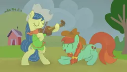 Size: 2000x1125 | Tagged: safe, artist:mandumustbasukanemen, derpibooru import, candy apples, fiddlesticks, apple family member, building, clothes, cowboy hat, cute, dancing, duo, fiddle, hat, image, jpeg, musical instrument, standing on two hooves, tree