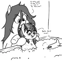 Size: 1200x1200 | Tagged: safe, artist:pony quarantine, derpibooru import, oc, oc:anon-mare, oc:anonogee, unofficial characters only, earth pony, pegasus, pony, bath, bath time, bathtub, black and white, dirty, duo, female, freckles, grayscale, image, magical lesbian spawn, monochrome, mother and child, mother and daughter, offspring, parent:oc:apogee, parent:oc:filly anon, parents:oc x oc, png, simple background, white background