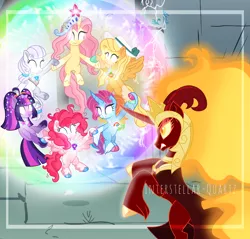 Size: 3840x3670 | Tagged: safe, artist:interstellar-quartz, derpibooru import, applejack, daybreaker, fluttershy, pinkie pie, rainbow dash, rarity, twilight sparkle, pegasus, pony, alternate design, alternate universe, earth pony rarity, earth pony twilight, flapplejack, image, magic, mane six, pegasus pinkie pie, png, race swap, unicorn fluttershy, unicorn rainbow dash