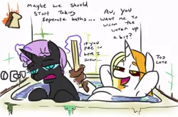 Size: 1017x670 | Tagged: safe, artist:jargon scott, derpibooru import, oc, oc:dyx, oc:nyx, unofficial characters only, alicorn, pony, arm behind head, bath, bathtub, belly, bread, dialogue, duo, female, filly, food, hat, image, implied urine, jpeg, lidded eyes, rag on a stick, shower cap, siblings, sisters, toast