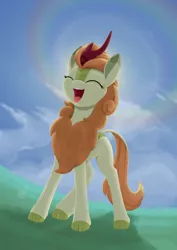 Size: 988x1394 | Tagged: safe, artist:dusthiel, derpibooru import, autumn blaze, kirin, eyes closed, image, newbie artist training grounds, open mouth, open smile, png, smiling, solo