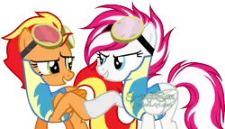 Size: 1222x699 | Tagged: safe, artist:pegasski, artist:s-oujiisan, derpibooru import, oc, oc:cherry flames, oc:firefoot, unofficial characters only, pegasus, pony, base used, clothes, female, goggles, image, mare, png, simple background, transparent background, uniform, watermark, wonderbolt trainee uniform