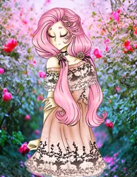 Size: 1172x1514 | Tagged: safe, artist:jvartes6112, derpibooru import, fluttershy, human, clothes, dress, eyes closed, female, flower, humanized, image, outdoors, png, smiling, solo