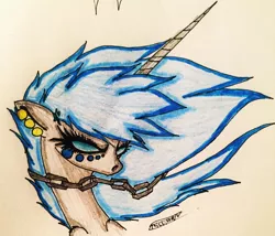 Size: 2410x2059 | Tagged: safe, artist:beamybutt, derpibooru import, oc, oc:moonbeam, unofficial characters only, pony, unicorn, bust, chains, ear piercing, eyelashes, female, horn, image, jpeg, mare, piercing, signature, solo, traditional art, unicorn oc