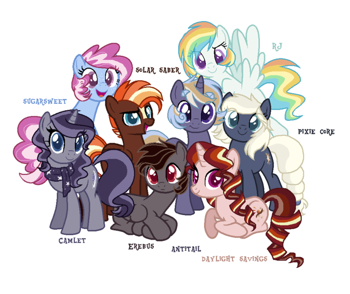 Size: 1029x864 | Tagged: safe, artist:gallantserver, derpibooru import, oc, oc:antitail, oc:camlet, oc:daylight savings, oc:erebus, oc:misty rainbow, oc:pixie core, oc:solar saber, oc:sugarsweet, unofficial characters only, earth pony, pegasus, pony, unicorn, base used parent:inky rose, female, image, magical gay spawn, magical lesbian spawn, mare, offspring, parent:applejack, parent:flash sentry, parent:fluttershy, parent:king sombra, parent:oc:silverlay, parent:pinkie pie, parent:princess cadance, parent:rainbow dash, parent:rarity, parent:starlight glimmer, parent:sunburst, parent:sunset shimmer, parent:trixie, parent:twilight sparkle, parent:vapor trail, parents:canon x oc, parents:flashburst, parents:shimmerglimmer, parents:silverjack, parents:sombrashy, parents:trixiepie, parents:twidance, parents:vapordash, png, simple background, transparent background
