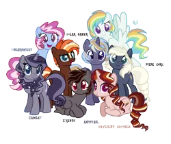 Size: 1029x864 | Tagged: safe, artist:gallantserver, derpibooru import, oc, oc:antitail, oc:camlet, oc:daylight savings, oc:erebus, oc:misty rainbow, oc:pixie core, oc:solar saber, oc:sugarsweet, unofficial characters only, earth pony, pegasus, pony, unicorn, base used parent:inky rose, female, image, magical gay spawn, magical lesbian spawn, mare, offspring, parent:applejack, parent:flash sentry, parent:fluttershy, parent:king sombra, parent:oc:silverlay, parent:pinkie pie, parent:princess cadance, parent:rainbow dash, parent:rarity, parent:starlight glimmer, parent:sunburst, parent:sunset shimmer, parent:trixie, parent:twilight sparkle, parent:vapor trail, parents:canon x oc, parents:flashburst, parents:shimmerglimmer, parents:silverjack, parents:sombrashy, parents:trixiepie, parents:twidance, parents:vapordash, png, simple background, transparent background