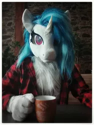 Size: 3072x4096 | Tagged: safe, artist:essorille, artist:taxipone, derpibooru import, vinyl scratch, anthro, unicorn, clothes, coffee, cosplay, costume, female, fluffy, fursuit, image, irl, jpeg, looking at you, mare, mask, photo, ponysuit, shirt, solo