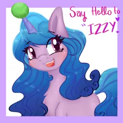 Size: 2048x2048 | Tagged: safe, artist:mlpclovertheclever, derpibooru import, izzy moonbow, pony, unicorn, ball, blushing, chest fluff, cute, eyelashes, female, g5, high res, horn, horn guard, horn impalement, hornball, image, izzy's tennis ball, izzybetes, looking at you, mare, open mouth, png, solo, tennis ball, text