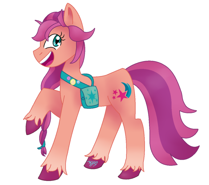 Size: 1082x958 | Tagged: safe, artist:chocolate--cake, derpibooru import, sunny starscout, earth pony, pony, badge, bag, braid, coat markings, cute, female, g5, hoof fluff, image, looking at you, mare, open mouth, png, raised hoof, simple background, socks (coat marking), sunnybetes, transparent background, unshorn fetlocks