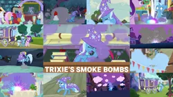 Size: 1280x720 | Tagged: safe, derpibooru import, edit, edited screencap, editor:quoterific, screencap, clever musings, discord, gallus, log jam, ocellus, peppermint goldylinks, slate sentiments, smolder, starlight glimmer, strawberry scoop, summer meadow, terramar, thorax, trixie, violet twirl, bird, changeling, cockatrice, draconequus, pegasus, pony, unicorn, a horse shoe-in, magic duel, road to friendship, to where and back again, angry, apple, bipedal, cape, clothes, collage, coughing, duo, duo female, eyes closed, female, food, friendship student, hat, image, male, night, open mouth, png, running, sitting, smoke bomb, solo, teeth, trixie's cape, trixie's hat