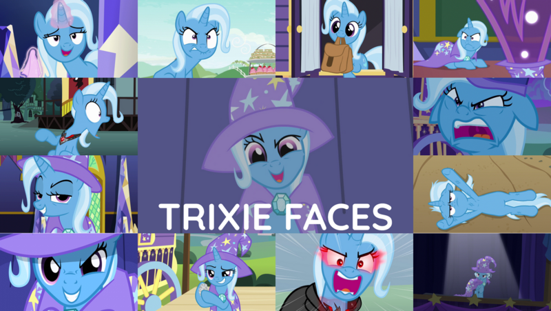 Size: 1280x721 | Tagged: safe, derpibooru import, edit, edited screencap, editor:quoterific, screencap, trixie, pony, unicorn, magic duel, no second prances, road to friendship, to where and back again, amulet, angry, bag, cape, clothes, collage, cupcake, cute, diatrixes, female, floppy ears, food, glowing eyes, glowing horn, hat, horn, image, jewelry, lip bite, magic, magic aura, mouth hold, night, open mouth, png, saddle bag, sandwich, school of friendship, shocked, solo, teeth, trixie is not amused, trixie's cape, trixie's hat, twilight's castle, unamused
