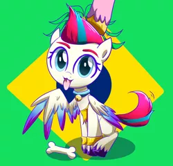 Size: 3120x3000 | Tagged: safe, artist:ce2438, derpibooru import, pipp petals, zipp storm, pegasus, pony, abstract background, adorazipp, behaving like a dog, bone, brazil, collar, colored wings, cute, female, flag, g5, high res, image, jingle bells, looking at you, mare, multicolored wings, png, rubbing, sitting, solo focus, tail wag, tongue out, unshorn fetlocks, wings, wristband