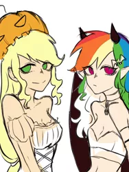 Size: 1080x1440 | Tagged: safe, artist:菜c, derpibooru import, applejack, rainbow dash, human, appledash, belly button, clothes, collar, colored sketch, costume, demon horns, demon wings, dress, elf ears, female, hairclip, halloween, hat, holiday, humanized, image, lesbian, midriff, png, pumpkin hat, shipping, wings