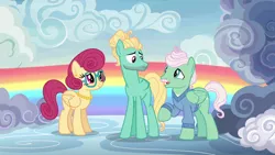 Size: 1920x1080 | Tagged: safe, derpibooru import, screencap, gentle breeze, posey shy, zephyr breeze, pegasus, pony, flutter brutter, season 6, female, glasses, image, jewelry, male, mare, necklace, pearl necklace, png, raised hoof, stallion, trio