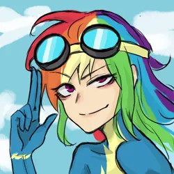 Size: 1080x1080 | Tagged: safe, artist:菜c, derpibooru import, rainbow dash, human, bust, clothes, dreamworks face, goggles, humanized, image, palindrome get, png, portrait, sky background, solo, uniform, wonderbolts uniform