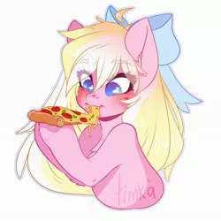 Size: 3229x3229 | Tagged: safe, artist:timkaspie, derpibooru import, oc, oc:bay breeze, unofficial characters only, pegasus, pony, alternate hairstyle, blushing, bow, commission, cute, eating, female, food, hair bow, image, jpeg, long mane, mare, ocbetes, pegasus oc, pizza, simple background, solo, white background, wings, ych result