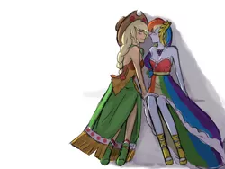 Size: 2666x2000 | Tagged: safe, artist:菜c, derpibooru import, applejack, rainbow dash, equestria girls, appledash, boots, clothes, cowboy hat, dress, female, gala dress, hat, image, imminent kissing, lesbian, png, sandals, shadow, shipping, shoes, simple background, white background