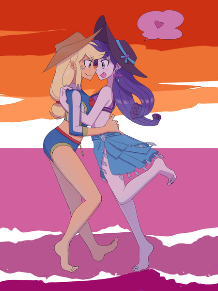 Size: 1620x2160 | Tagged: safe, artist:haibaratomoe, derpibooru import, applejack, rarity, equestria girls, barefoot, beach, blushing, clothes, ear piercing, earring, feet, female, hat, image, jewelry, jpeg, lesbian, lesbian flag, midriff, piercing, pride flag, rarijack, shipping, sun hat, swimsuit