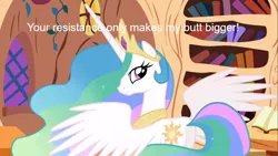 Size: 1380x776 | Tagged: suggestive, derpibooru import, edit, edited screencap, screencap, princess celestia, alicorn, pony, lesson zero, bookshelf, butt, caption, ethereal mane, female, golden oaks library, image, image macro, library, looking over shoulder, mare, meme, meta, plot, png, solo, spread wings, text, wings