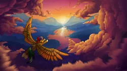Size: 4096x2304 | Tagged: safe, artist:helmie-art, derpibooru import, oc, unofficial characters only, bird, pegasus, pony, cloud, commission, flying, image, jpeg, lake, mountain, mountain range, scenery, smiling, solo, spread wings, sun, wings