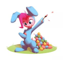 Size: 2048x1960 | Tagged: safe, artist:senaelik, derpibooru import, pinkie pie, earth pony, pony, animal costume, bunny costume, clothes, costume, easter, easter egg, holiday, image, paintbrush, png, sitting, smiling, solo, tongue out