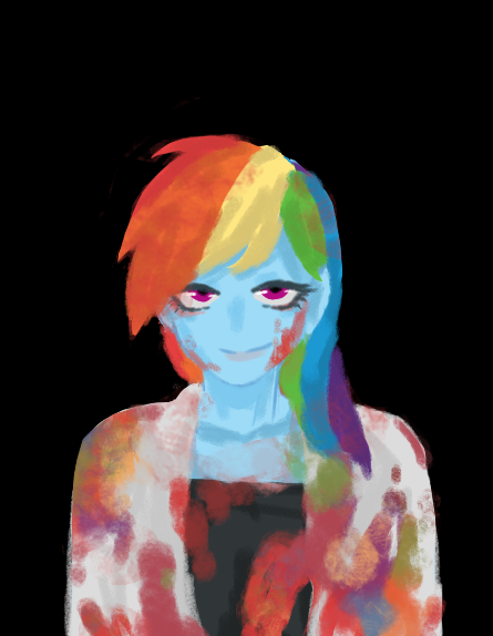 Size: 445x574 | Tagged: semi-grimdark, derpibooru import, rainbow dash, fanfic:rainbow factory, equestria girls, black background, blood, clothes, fanfic art, image, lab coat, lidded eyes, lineless, liquid rainbow, png, simple background, solo, spectra