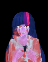 Size: 445x574 | Tagged: semi-grimdark, artist:菜c, derpibooru import, part of a set, twilight sparkle, equestria girls, black background, blood, clothes, crying, image, lab coat, lineless, png, red eyes, scissor twilight, simple background, solo