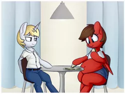 Size: 4096x3081 | Tagged: suggestive, artist:andesblorps, derpibooru import, oc, oc:redbow rose, oc:valiant, unofficial characters only, pegasus, semi-anthro, unicorn, belly button, chair, clothes, eating, fat, female, image, jeans, jpeg, male, pants, shirt, shorts, sitting, table