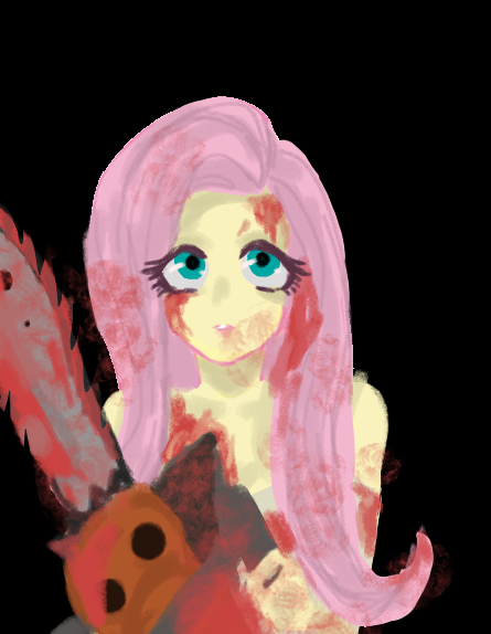 Size: 445x574 | Tagged: semi-grimdark, artist:菜c, derpibooru import, part of a set, fluttershy, .mov, shed.mov, equestria girls, black background, blood, chainsaw, fluttershed, image, lineless, png, simple background, solo