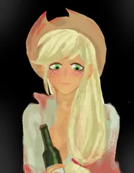 Size: 445x574 | Tagged: semi-grimdark, artist:菜c, derpibooru import, part of a set, applejack, ask crapplejack, equestria girls, appledrunk, applejack's hat, black background, blood, bottle, cowboy hat, freckles, hat, image, png, simple background, solo