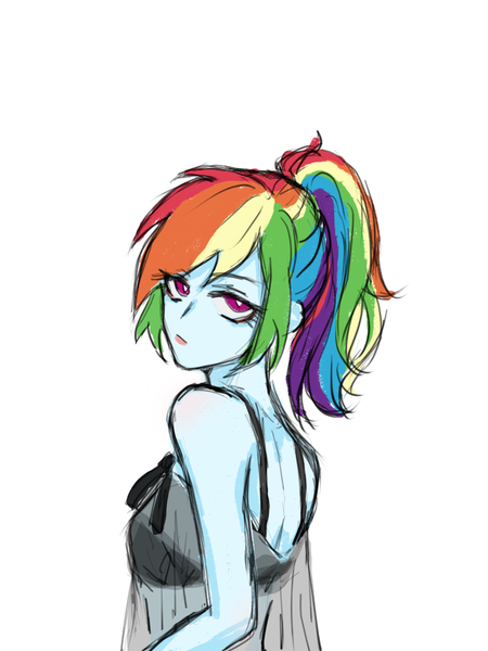 Size: 1080x1440 | Tagged: suggestive, artist:菜c, derpibooru import, rainbow dash, equestria girls, babydoll, clothes, image, lidded eyes, nightgown, over the shoulder, png, ponytail, simple background, solo, white background