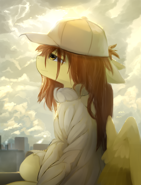 Size: 1900x2500 | Tagged: safe, artist:ssnerdy, derpibooru import, oc, unofficial characters only, pegasus, pony, cap, city, clothes, floppy ears, hat, image, lidded eyes, png, sitting, sweater