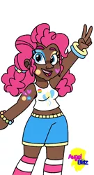 Size: 690x1280 | Tagged: safe, artist:angelblitzowo, derpibooru import, pinkie pie, human, alternate hairstyle, bandaid, belly button, bracelet, braces, clothes, dark skin, eyeshadow, face paint, female, humanized, image, jewelry, jpeg, lipstick, makeup, midriff, pansexual, pansexual pride flag, peace sign, pride, pride flag, shorts, simple background, solo, sticker, tanktop, white background, wristband