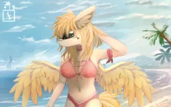 Size: 2560x1600 | Tagged: safe, artist:ssnerdy, derpibooru import, oc, unofficial characters only, anthro, pegasus, beach, bikini, clothes, ear fluff, female, image, palm tree, png, solo, spread wings, sunglasses, swimsuit, tree, wings