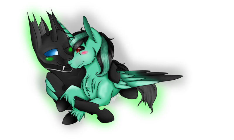 Size: 2500x1500 | Tagged: safe, artist:ginnythequeen, derpibooru import, oc, oc:404, oc:ginny, alicorn, changeling, cuddling, image, love, love feeder, png, snuggling