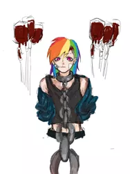 Size: 1080x1440 | Tagged: semi-grimdark, artist:菜c, derpibooru import, rainbow dash, human, blood bag, chained, chains, clothes, ear piercing, earring, human coloration, humanized, image, jacket, jewelry, piercing, png, solo, tanktop