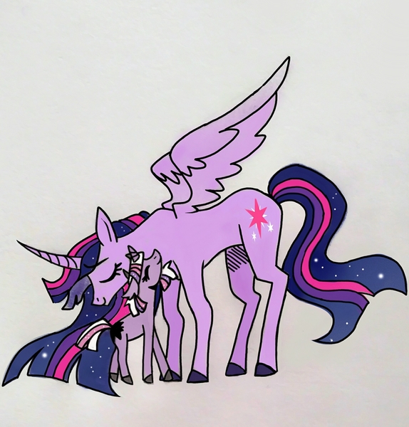 Size: 2152x2251 | Tagged: safe, artist:citi, derpibooru import, twilight sparkle, oc, oc:tiara, alicorn, hybrid, the last problem, female, image, interspecies offspring, jpeg, mother and child, mother and daughter, offspring, older, older twilight, parent:lord tirek, parents:twirek, parent:twilight sparkle, princess twilight 2.0, twilight sparkle (alicorn)