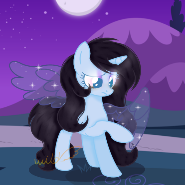 Size: 1080x1080 | Tagged: safe, artist:emeriss96, derpibooru import, oc, oc:mimi rusebiry, alicorn, pony, female, grass, hill, image, night, png, shiny eyes, solo, wings