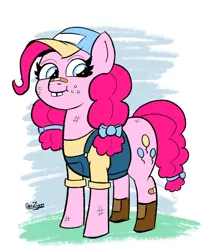 Size: 2508x3072 | Tagged: safe, artist:datzigga, derpibooru import, pinkie pie, earth pony, pony, alternate hairstyle, bandaid, bandaids, boots, bow, bucktooth, clothes, cute, diapinkes, female, freckles, hat, image, mare, overalls, png, shoes, smiling, solo