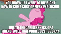 Size: 888x499 | Tagged: safe, derpibooru import, edit, edited screencap, screencap, pinkie pie, season 3, too many pinkie pies, belly, caption, image, image macro, imgflip, jpeg, lying down, meme, nose in the air, smiling, solo, tearjerker, text